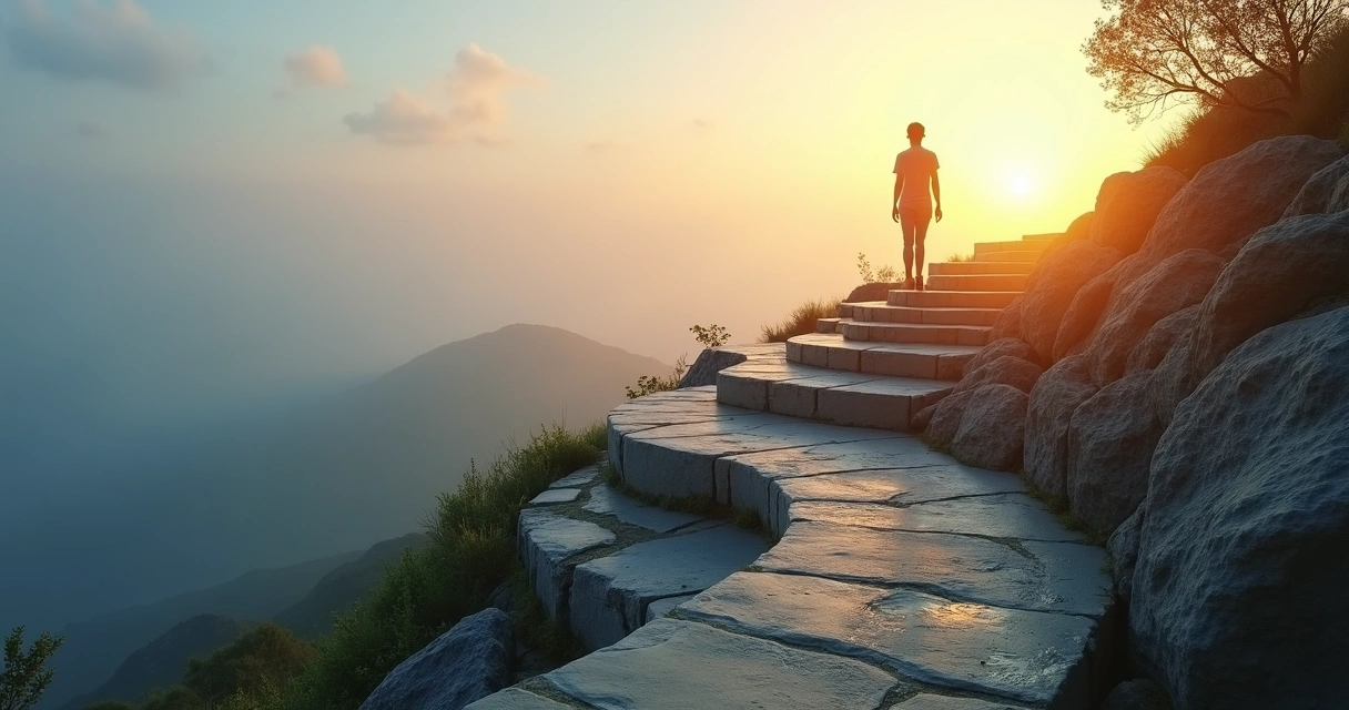Person walking along a path that rises through different illuminated levels 