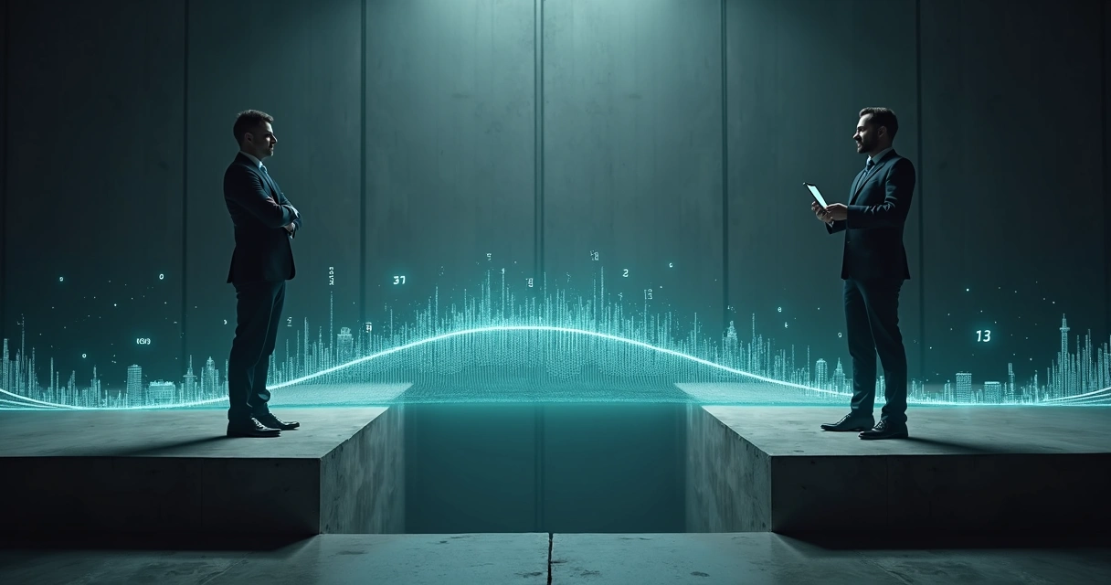 Two professionals on separate platforms connected by a luminous data bridge over commodity charts 
