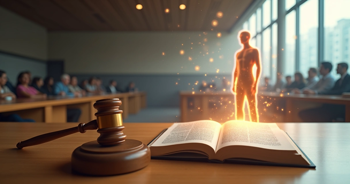 Sala de tribunal con leyes escritas y una silueta humana transparente hecha de luz conectando con multitudes en el fondo 