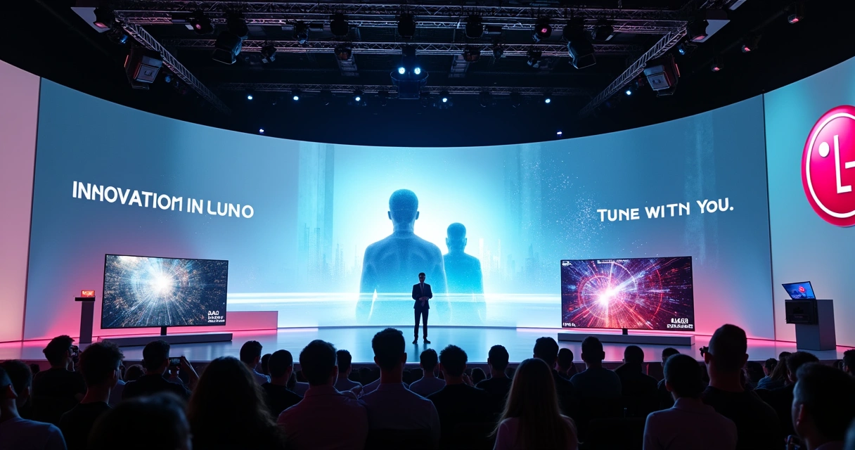 Palco da LG na CES 2026 com telas OLED e ícones de inteligência artificial afetiva 