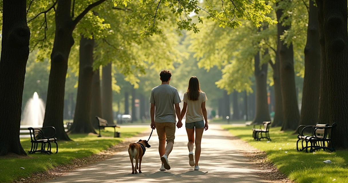 Same-gender couple walking hand in hand in a park 