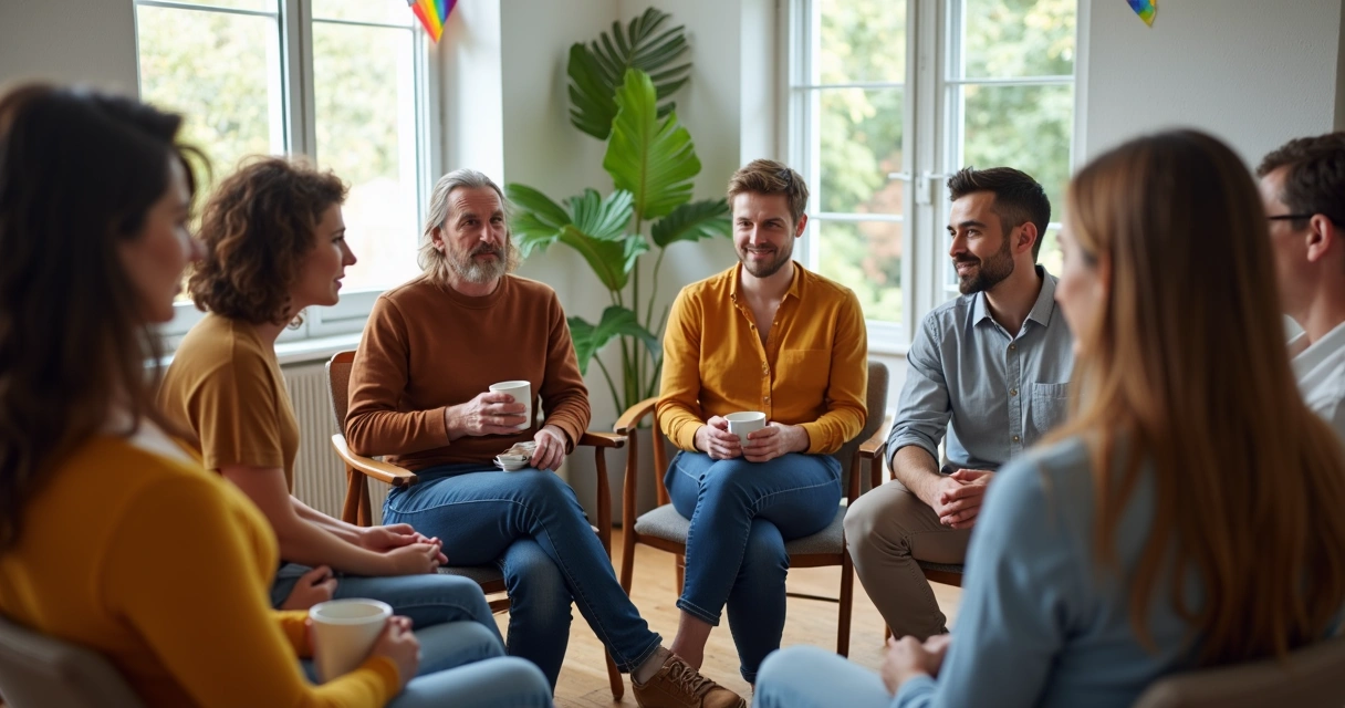 Support group in casual circle discussion 