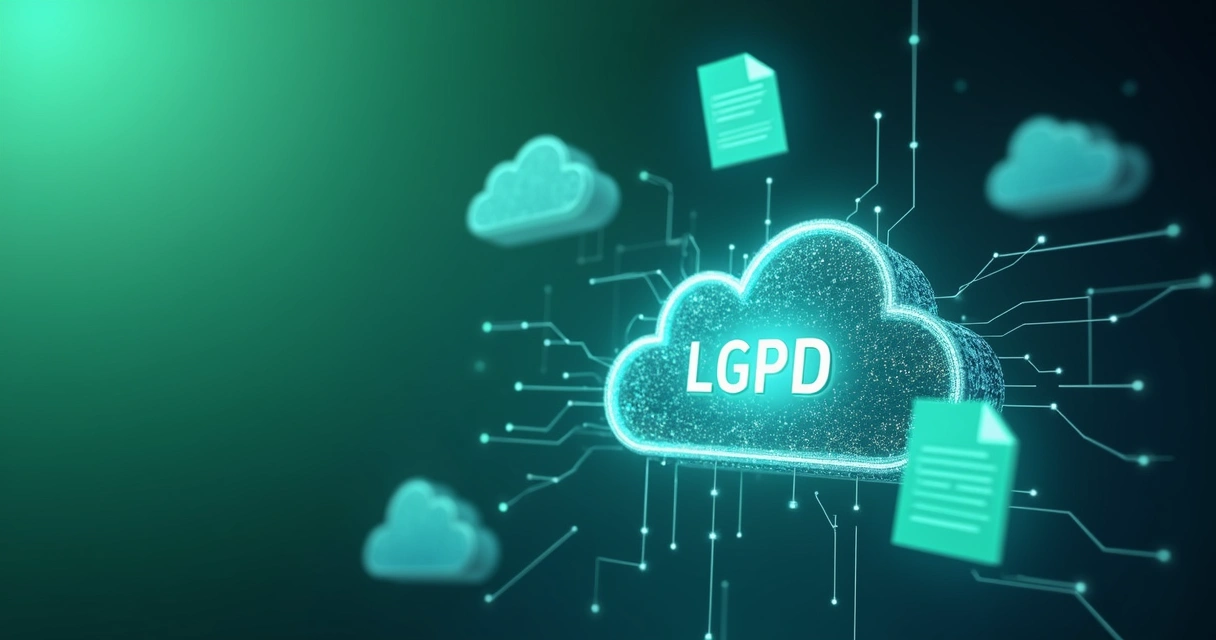 Símbolo da LGPD ao lado de documentos digitais 