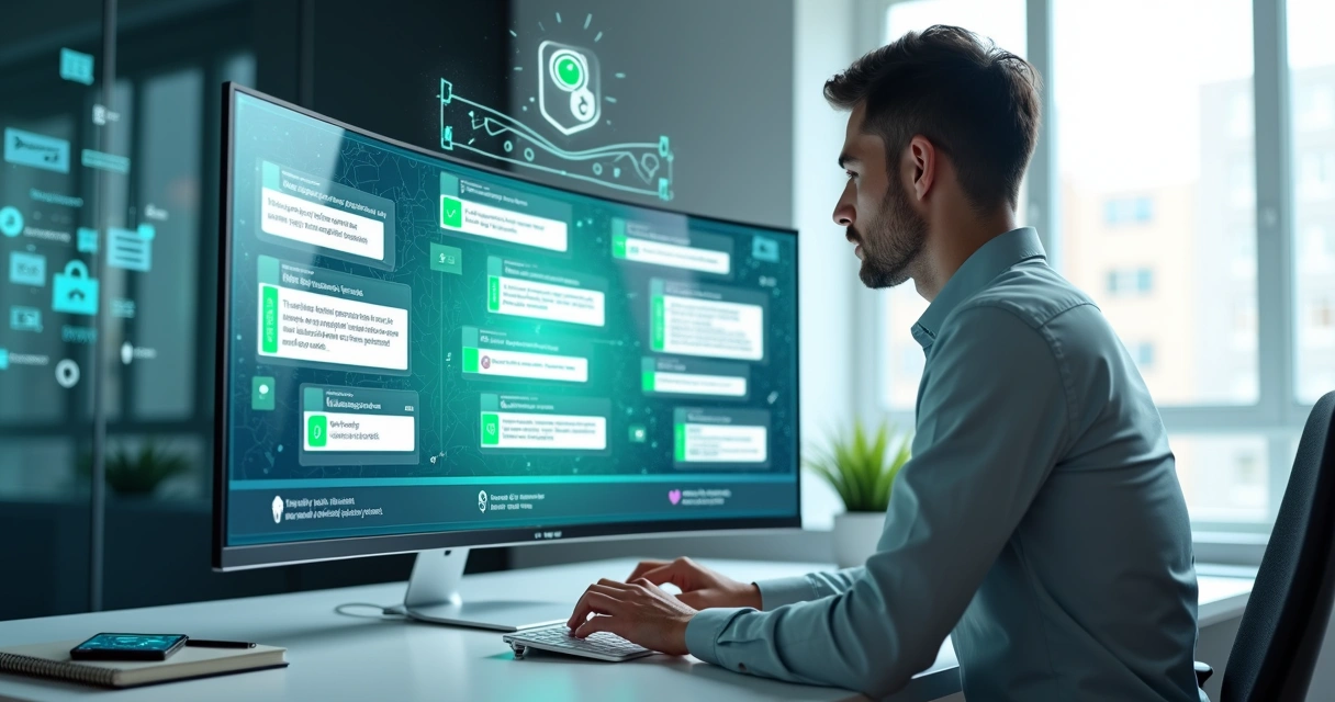 Profissional monitora atendimento digital em múltiplos canais com ícones de privacidade e cadeado virtual ao fundo 