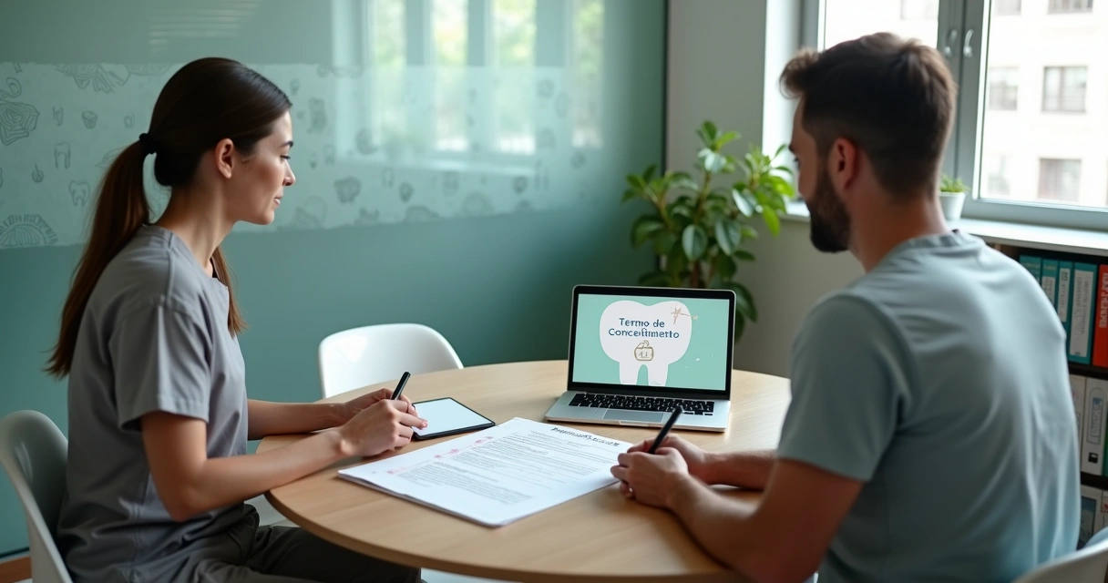 Dentista e paciente em sala de conselho discutindo privacidade de dados odontológicos 