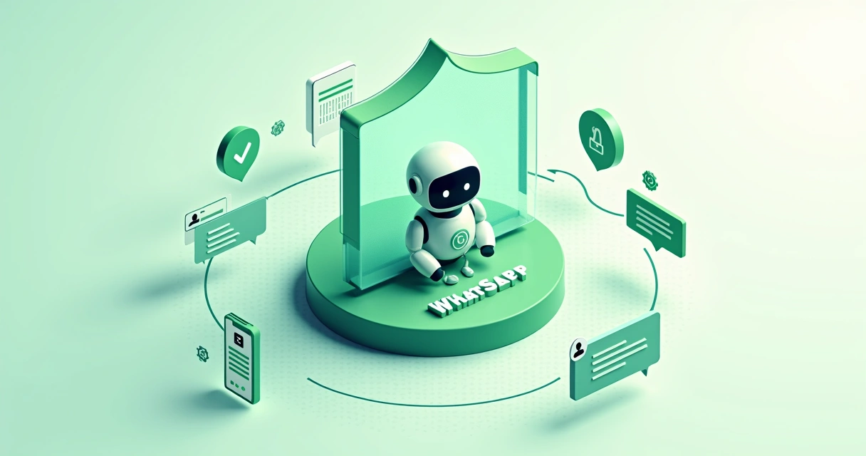 Ilustração de chatbot de WhatsApp sentado dentro de um escudo de proteção de dados LGPD 