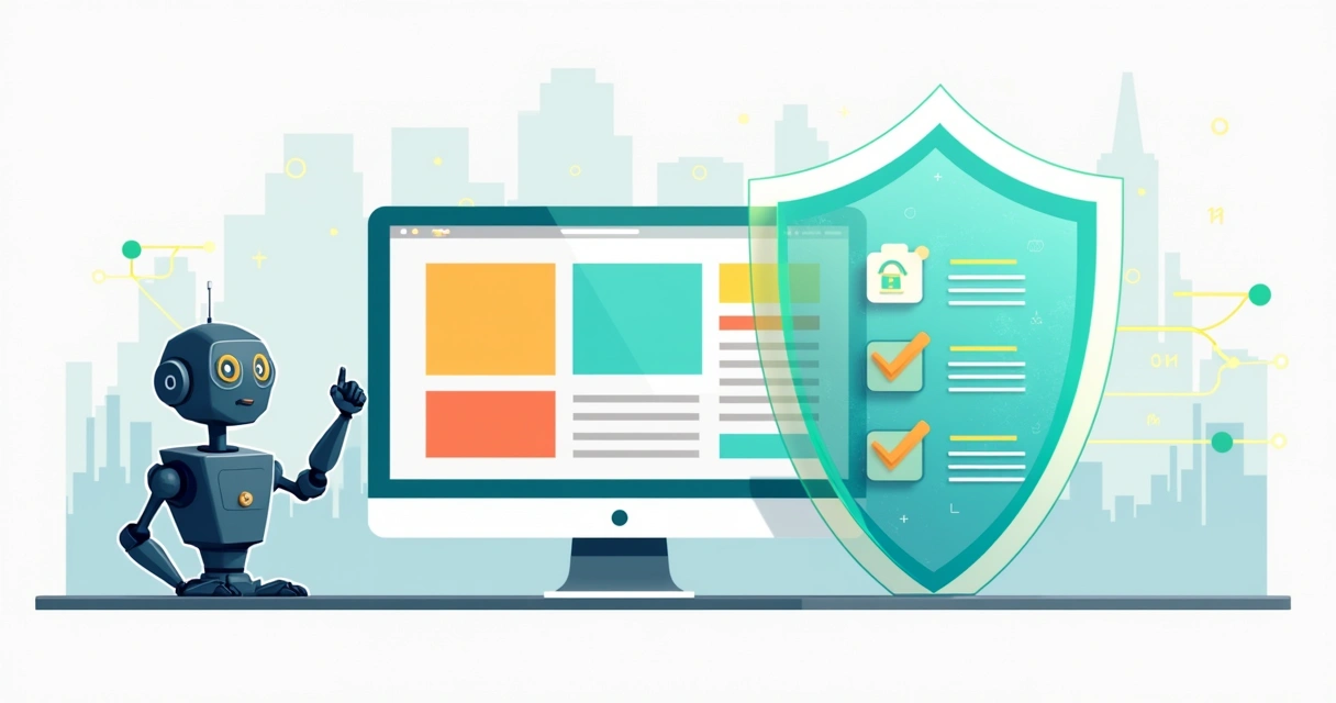 Ilustração de painel com landing page sendo auditada por robô de compliance LGPD 