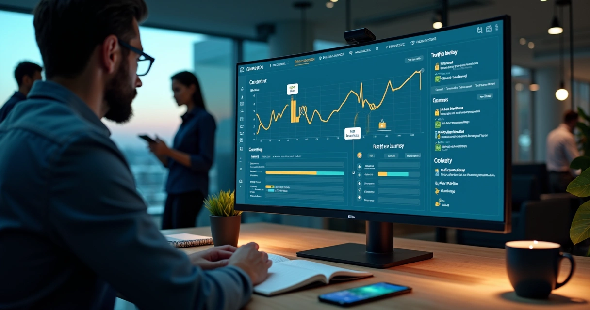Profissional de marketing ajustando painel digital com ícones de privacidade e anúncios 