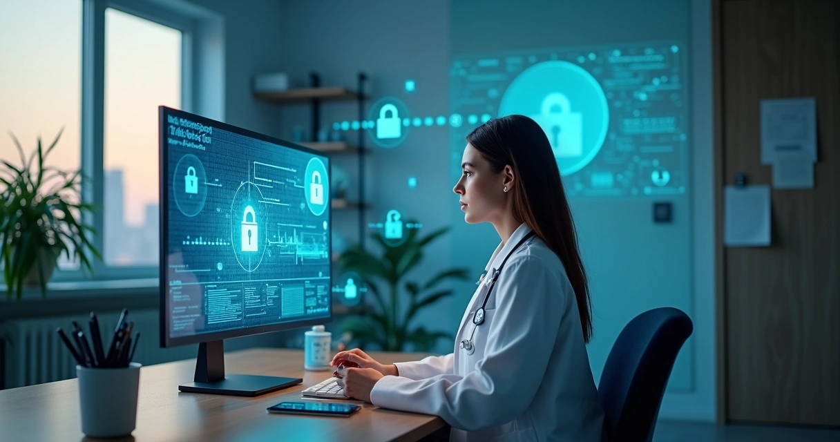 Profissional de saúde em consultório digital analisando prontuário eletrônico protegido por ícones de segurança 