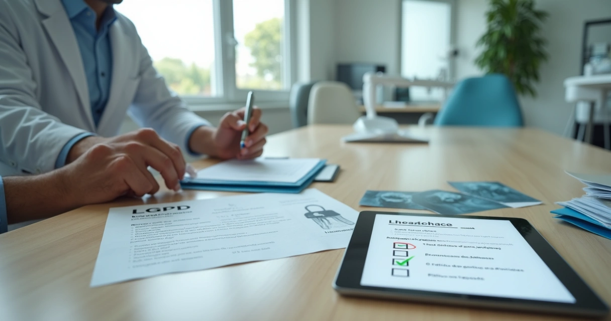Gestor de clínica odontológica marcando checklist de LGPD em tablet sobre mesa com documentos de pacientes 