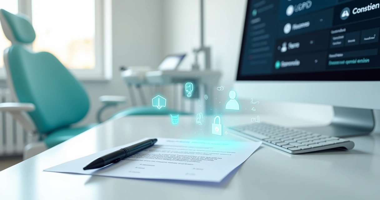 Mesa de clínica odontológica com ficha de paciente, ícones de privacidade e cadeado digital 