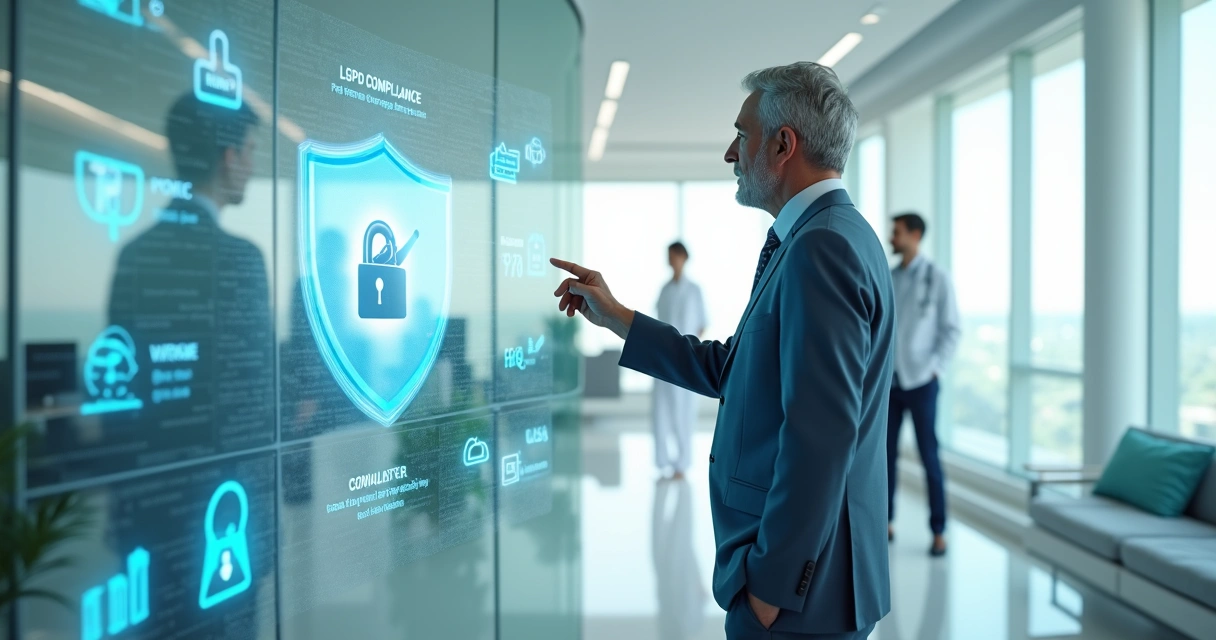 Gestor de clínica analisando painel digital de LGPD e dados de pacientes 