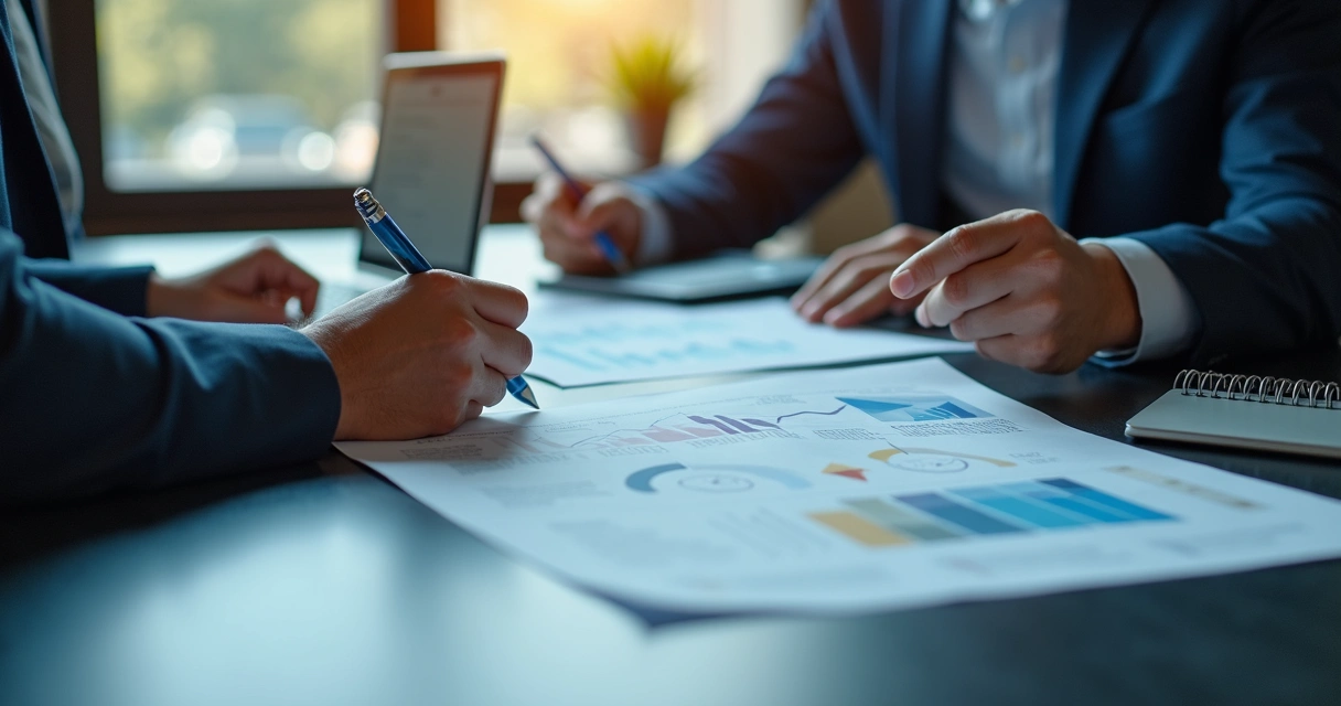 Profissional analisando documentos de compliance e segurança de dados em mesa de reunião 