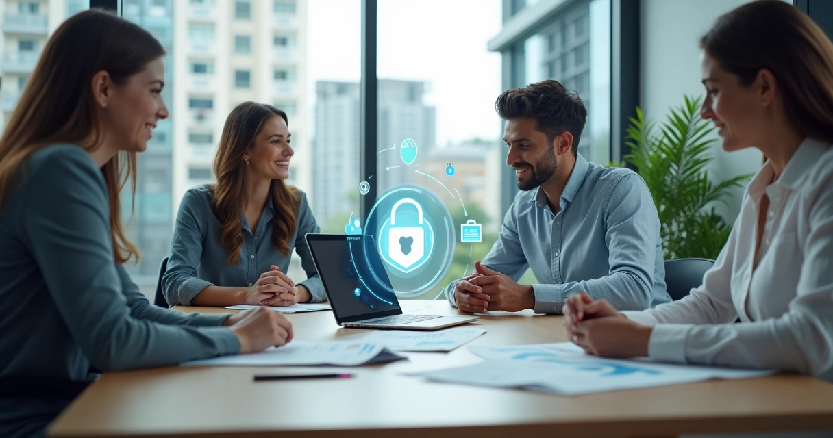 Profissionais de contabilidade analisando dados financeiros com ícones de LGPD e segurança de dados 