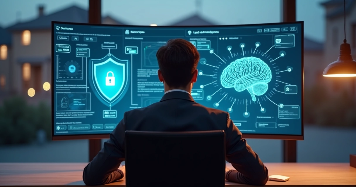 Gestor imobiliário analisando painel digital com ícones de LGPD e inteligência artificial no atendimento a leads 