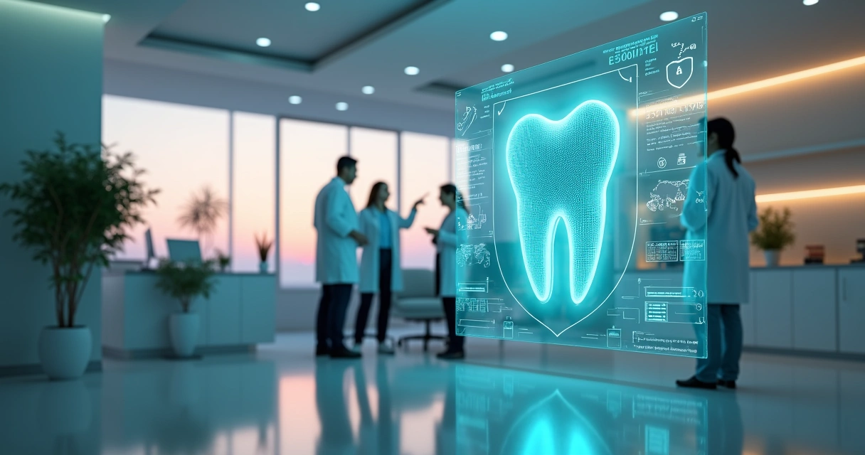 Equipe odontológica observa painel digital com blindagem de dados do paciente 