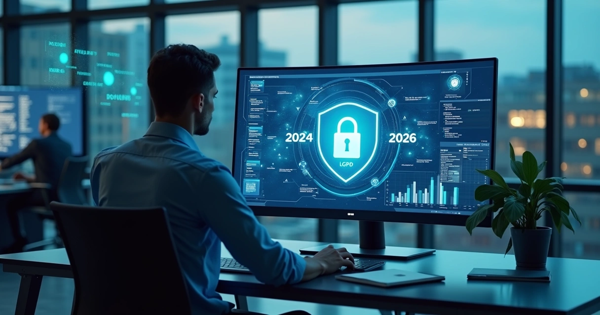 Profissional analisando painel digital com ícones de LGPD e proteção de dados 