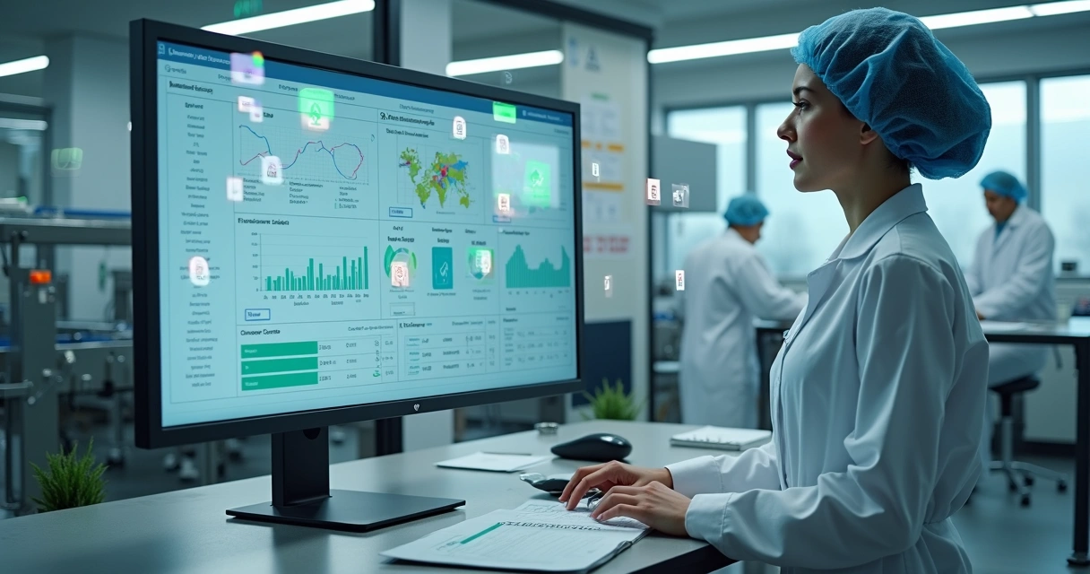 Supervisora analisando dados de produção em fábrica de alimentos com ícones de proteção de dados ao redor 
