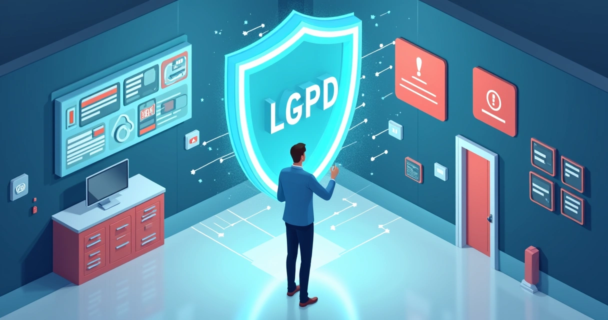 Síndico em sala de monitoramento de dados de condomínio protegidos por escudo digital LGPD 