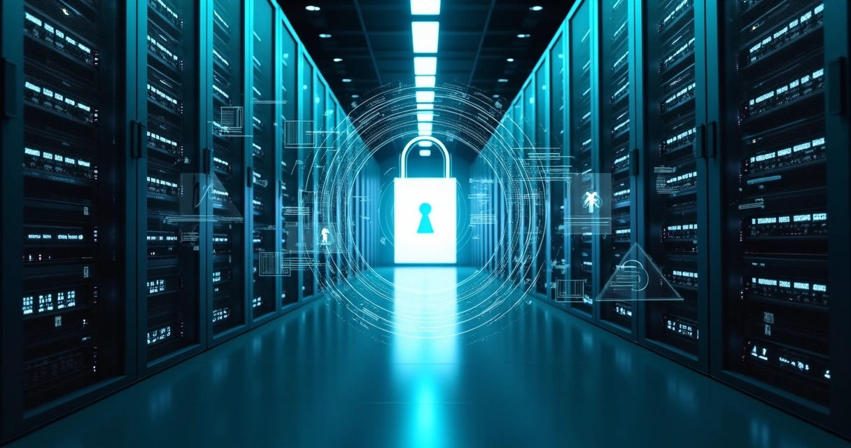 Corredor de data center com símbolos digitais de cadeado e LGPD flutuando sobre os servidores 