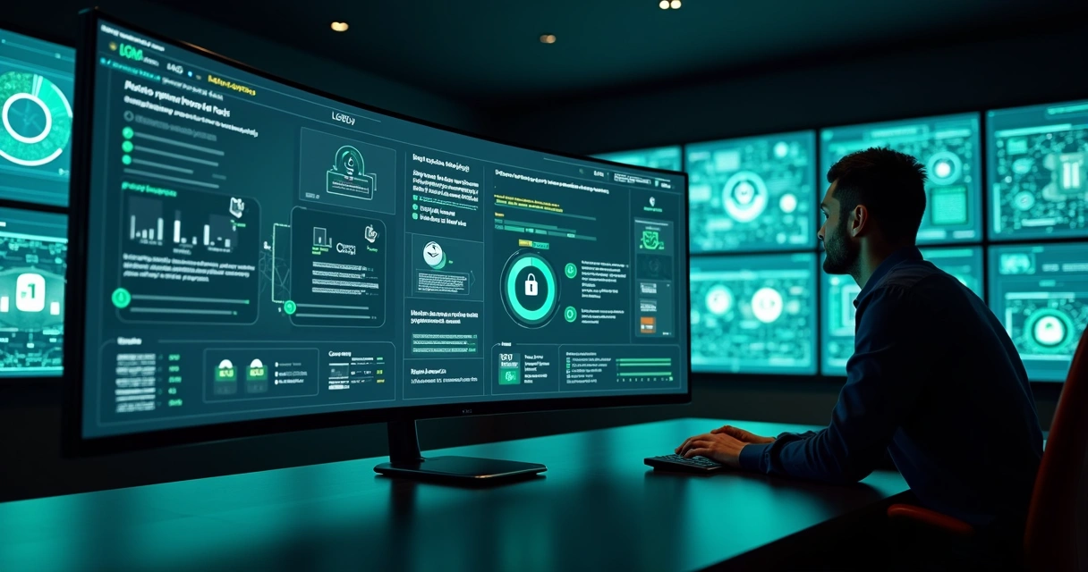 Painel de controle de TI com ícones de segurança de dados e conformidade LGPD 