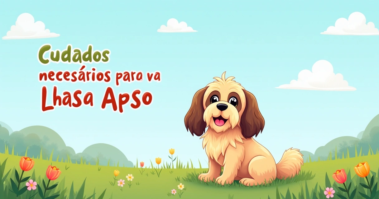 Ilustração de um Lhasa Apso em gramado verde, com escova e xampu em destaque, simbolizando cuidados.