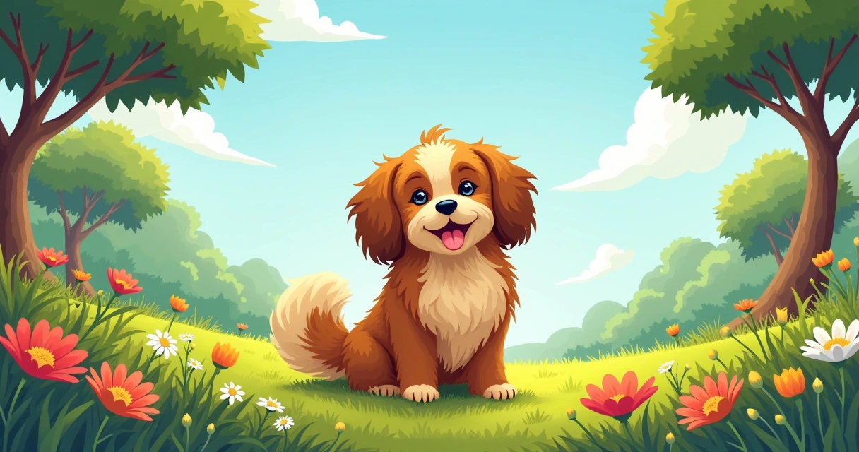 Lhasa Apso com pelagem longa em um parque verde com árvores e flores coloridas ao redor.