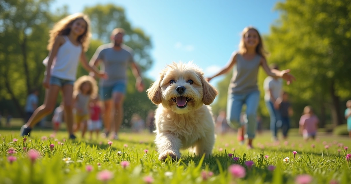 Um Lhasa Apso brincando em um parque com crianças, em um ambiente ensolarado e alegre.