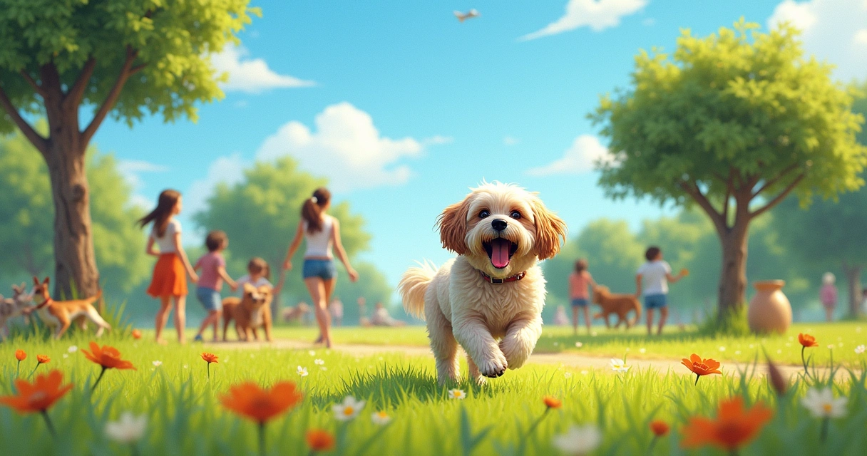 Cão Lhasa Apso feliz correndo em um parque, pessoas interagindo e reforço positivo ao fundo.