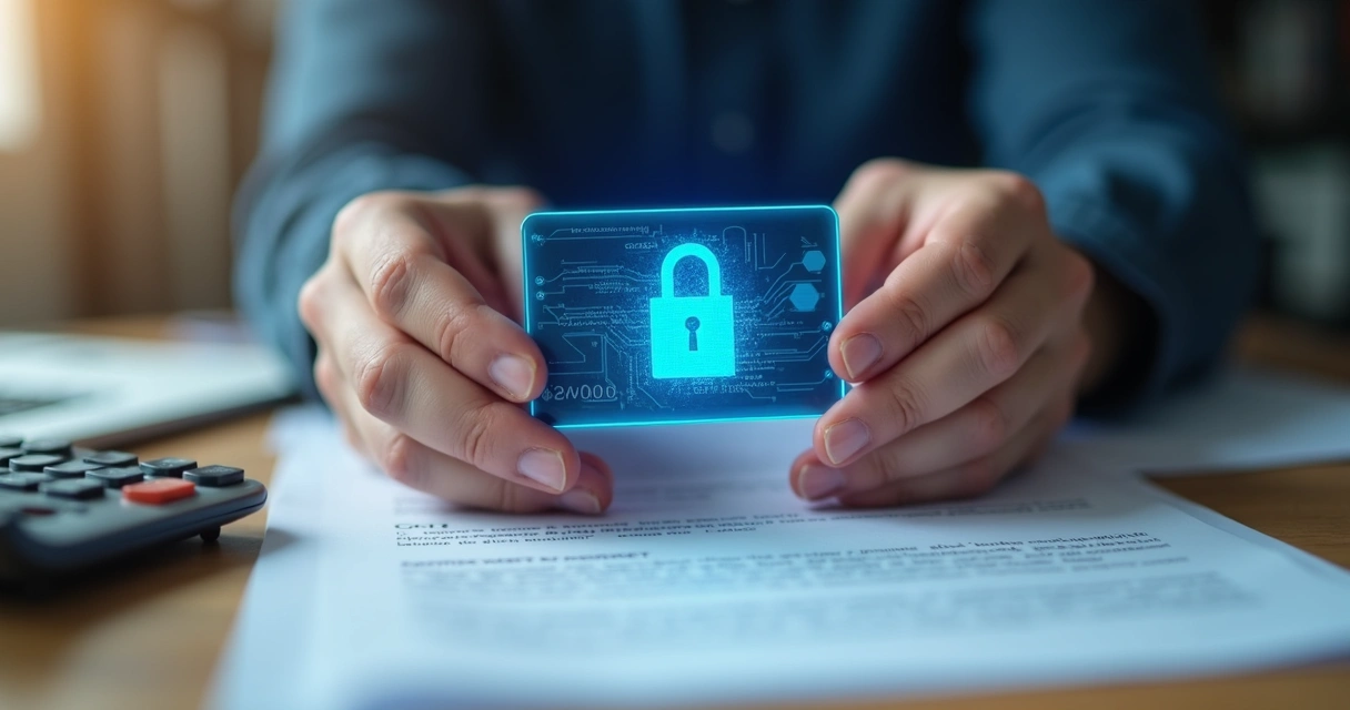Mãos segurando um cartão do FGTS com cadeado digital sobreposto e documentos de trabalho sobre a mesa 