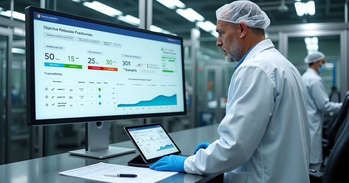 Gestor analisando painel digital para liberar lote de produção de alimentos 