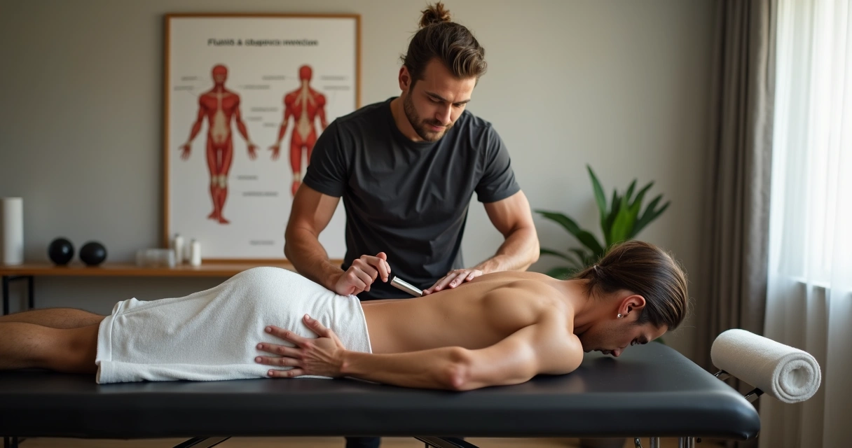 Profissional realizando liberação miofascial nas costas de paciente em estúdio moderno 