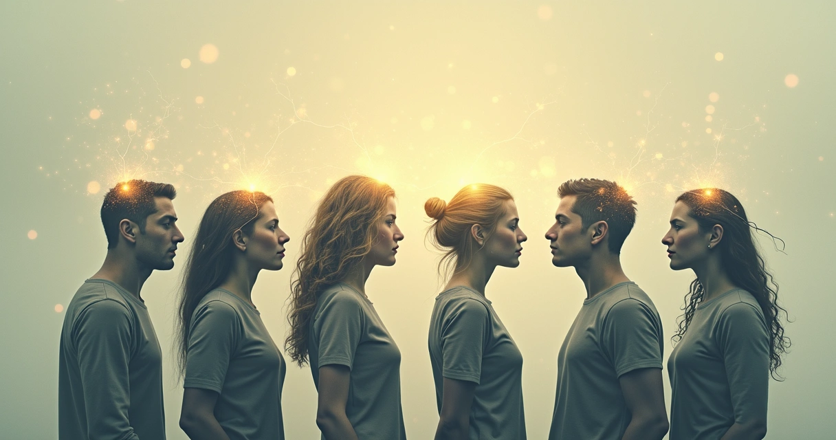 Personas conectadas por hilos invisibles en un fondo claro 