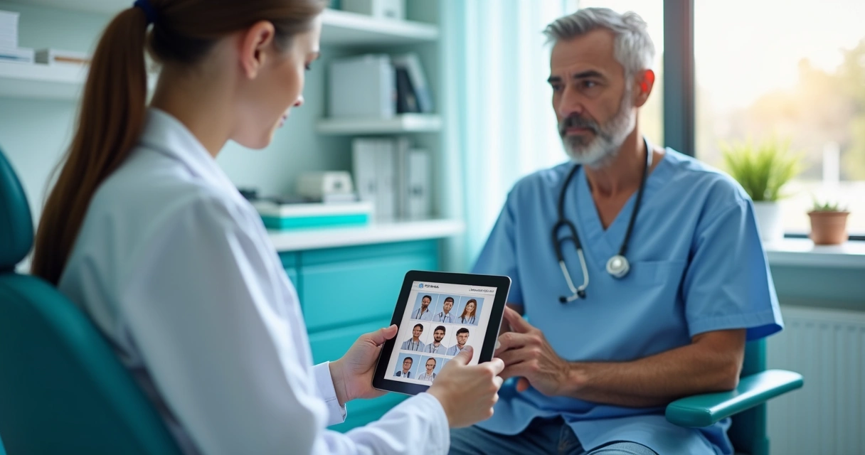 Paciente sentado em consultório escolhendo entre diferentes médicos em uma tela 