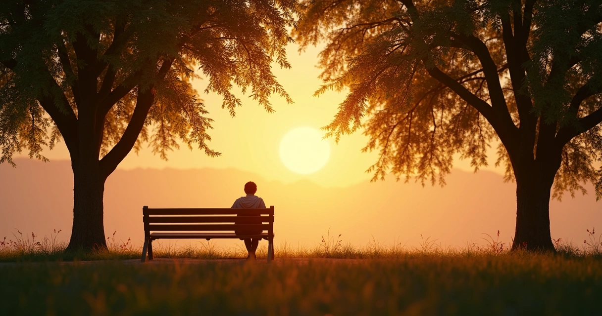 Pessoa pensando sozinha em um parque ao pôr do sol 
