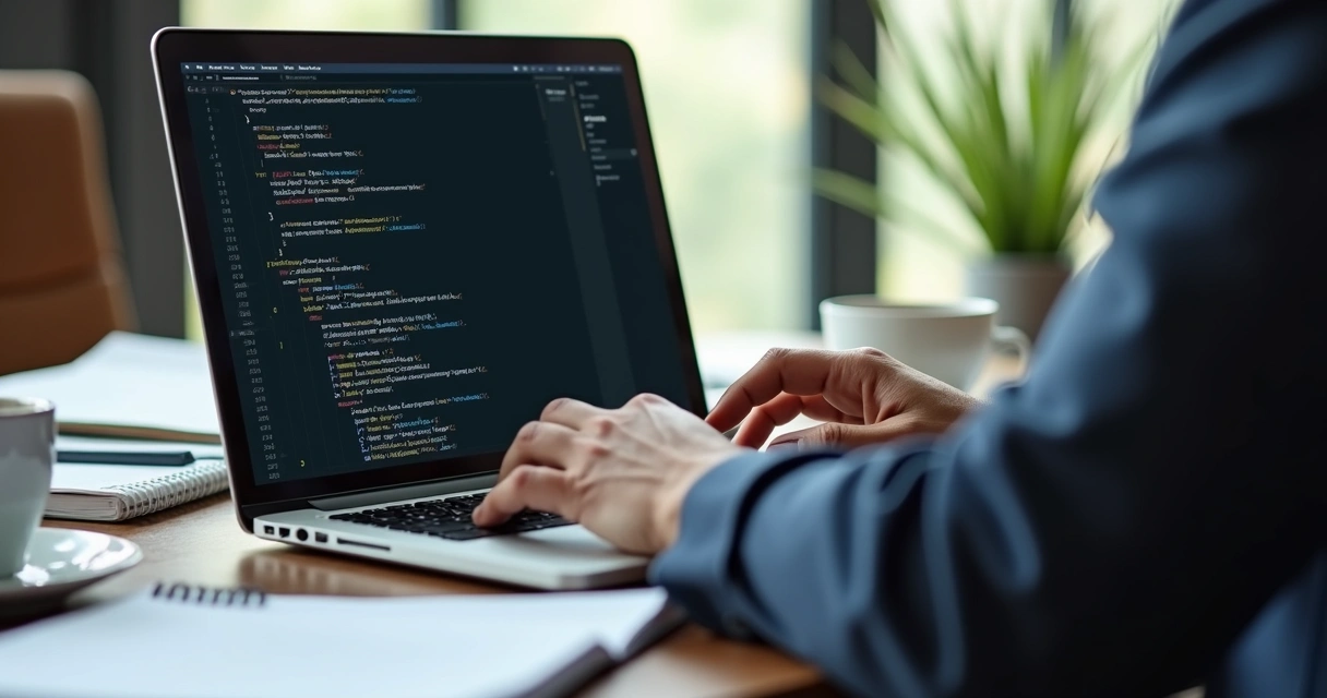 Pessoa analisando código de site em notebook 