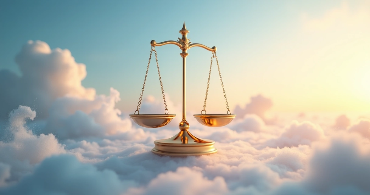 Balança de Libra dourada suspensa no céu com símbolo do ar e nuvens em movimento 