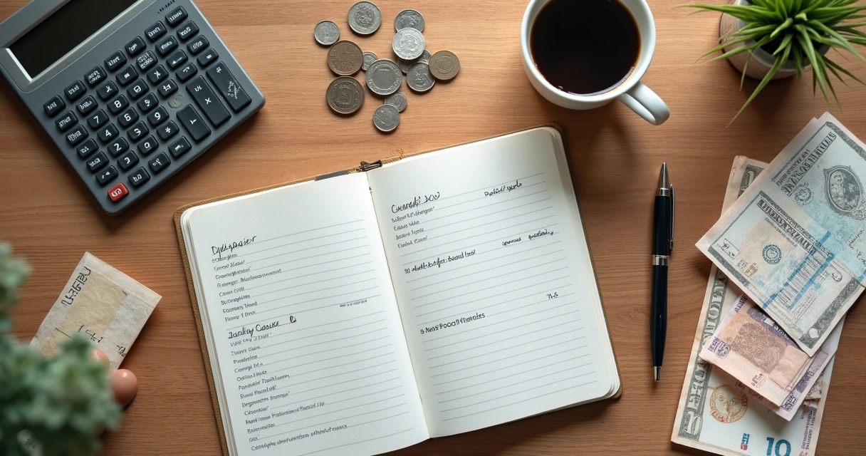Libreta de presupuesto junto a café y calculadora