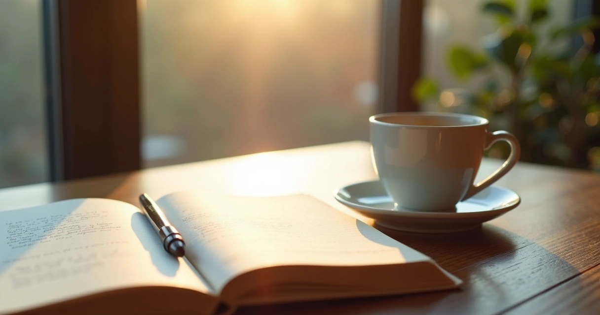 Libreta abierta y taza de café junto a una ventana en un momento de pausa