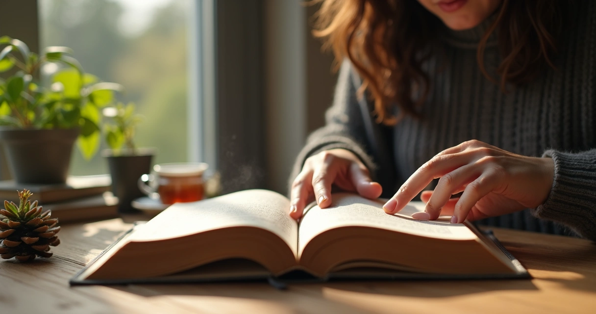 Manos abriendo un libro bajo luz natural 