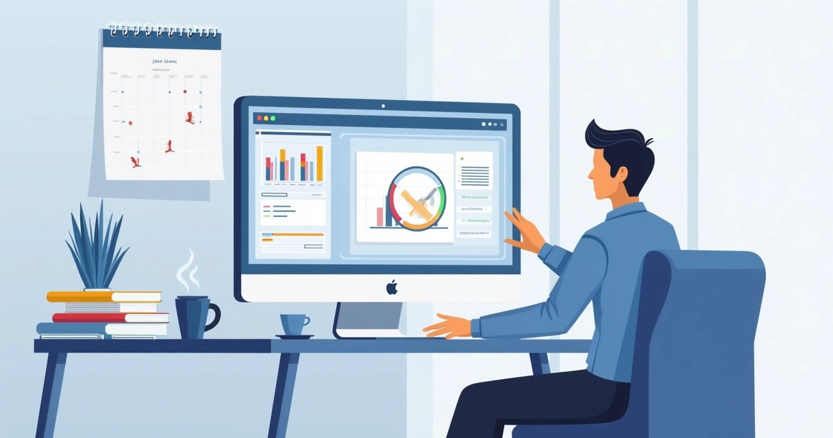 Empleado revisando un libro laboral digital en pantalla junto a documentos y café 