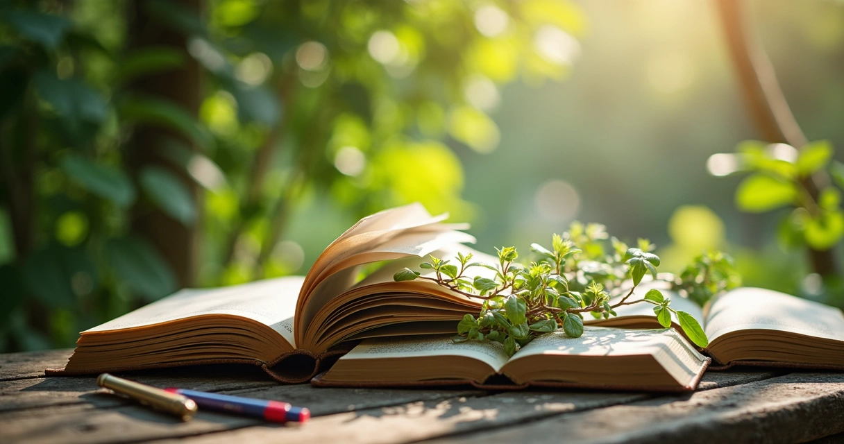 Libros abiertos junto a plantas verdes usadas para inspirarse