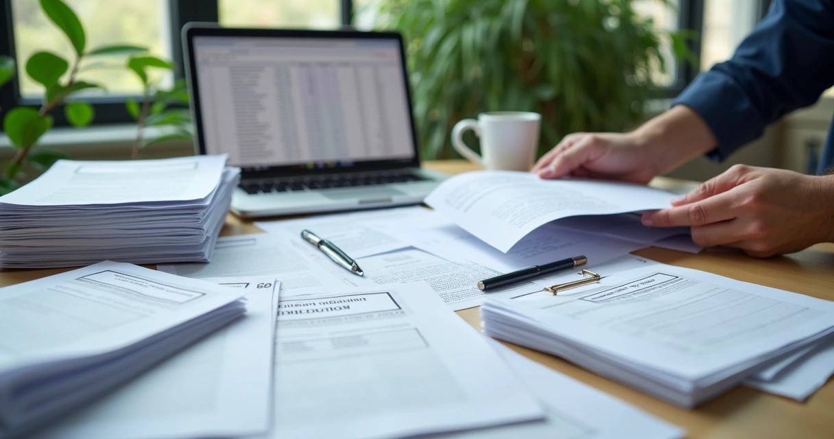 Documentos organizados em pilhas, carimbos de aprovação e laptop 