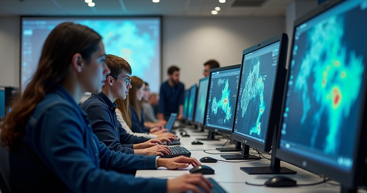 Alunos em laboratório de informática usando software de geoprocessamento em tela 