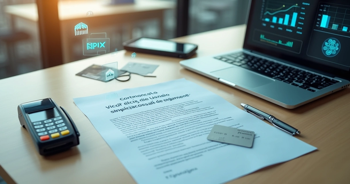 Mesa de escritório com contrato de licença, cartão de crédito e ícones digitais de fintech 