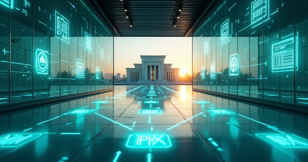 Corredor digital com símbolos de pagamentos avançando em direção a prédio do Banco Central 