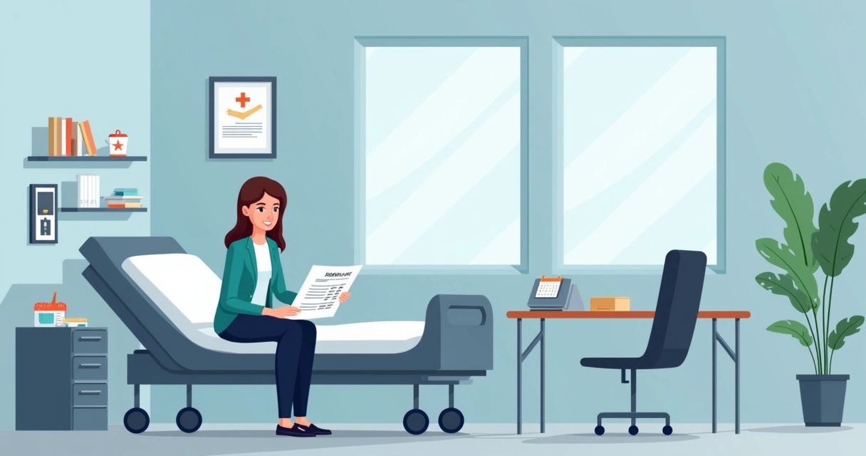 Profissional lê atestado ao lado de leito hospitalar, ambiente clínico e sóbrio 