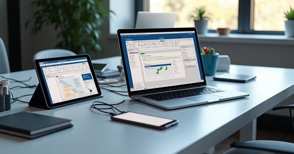 Área de trabalho exibindo aplicativos do Microsoft 365 abertos em diversos dispositivos 