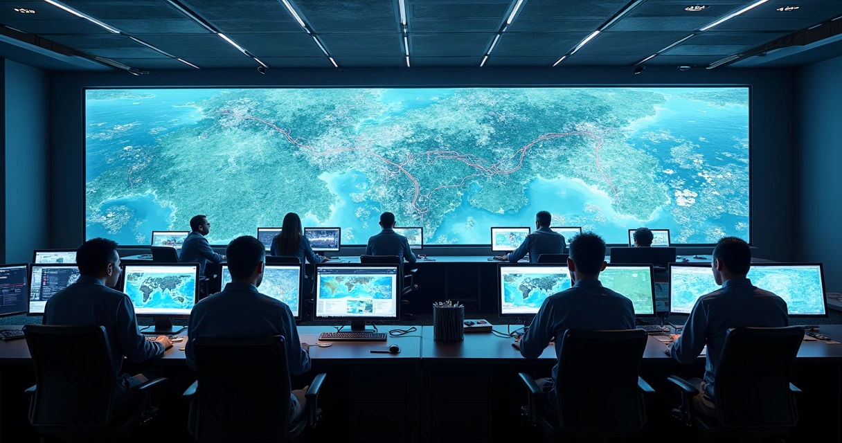 Sala de controle com vários monitores exibindo mapas georreferenciados 