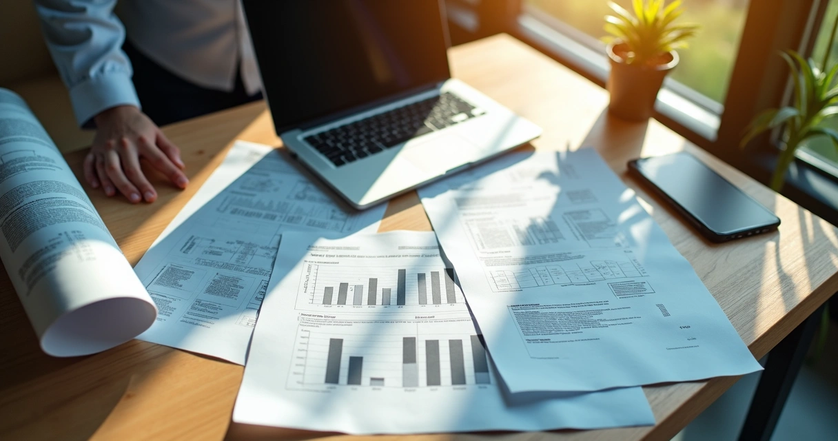 Pessoa analisando documentos ambientais em mesa de escritório 